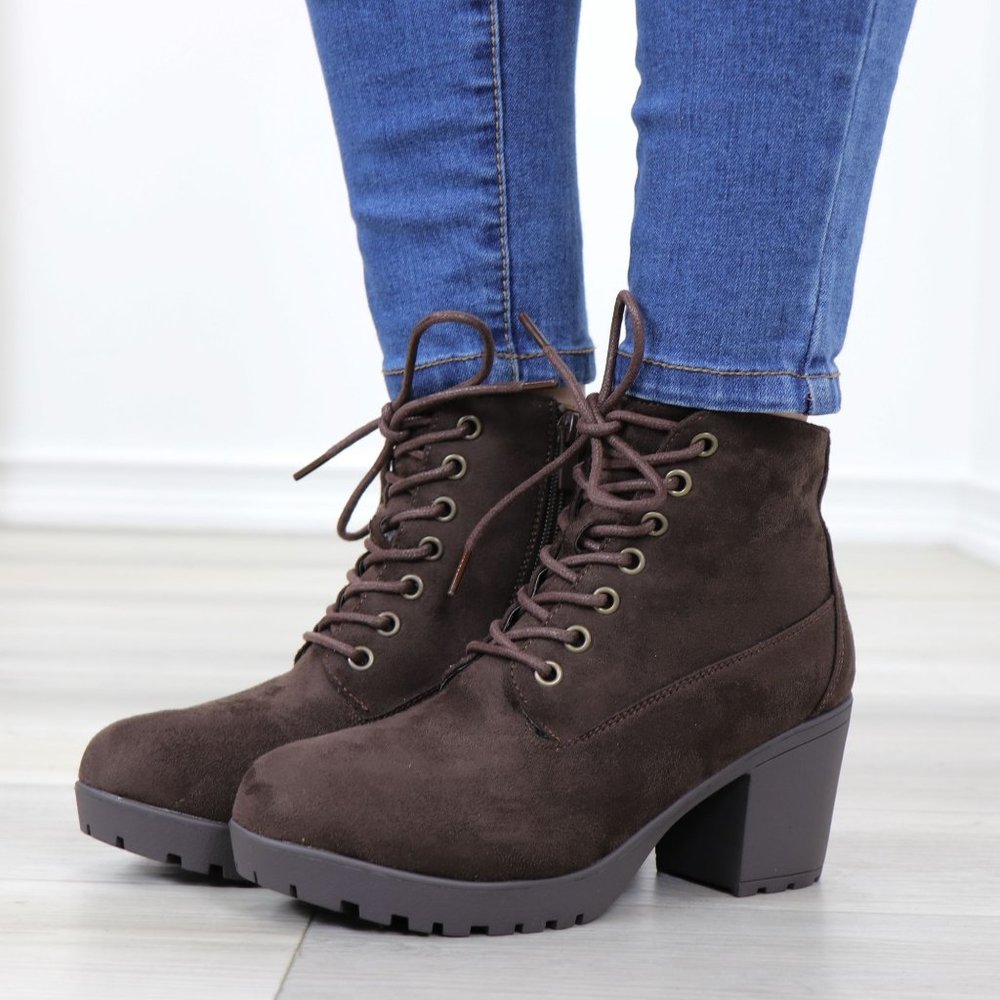 Brown Faux Suede Lace-Up Lug Chunky Block High Heel Ankle Boots - Picture 12 of 12